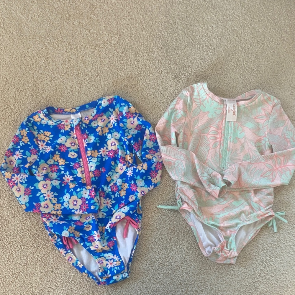Girls Long Sleeve Floral Rashguard Swimsuits - Blue & Pink 5T